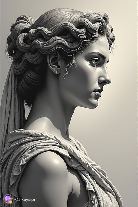 Step into the world of ancient myths with this stunning portrayal of a Greek goddess. The digital sculpture captures the essence of divine beauty and the timeless appeal of classical art.  #AIArt #GreekMythology #Goddess #MythicBeauty #DigitalSculpture Greek Sculpture Women, Athena Goddess Drawing, Greek Woman Statue, Greek Drawing, Greek Goddess Statue, Greek Sculptures, Female Statue, Woman Statue, Cherub Sculpture