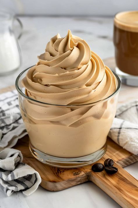 Try this indulgent, uber-fluffy coffee whipped cream the next time you need a quick and easy way to elevate your morning coffee or after-dinner treat. Coffee Cream Filling, Coffee Cream Recipe, Fluffy Coffee Recipe, Coffee Appetizers, Coffee Whipped Cream Recipe, Whipped Drinks, Coffee Whip, Whipped Cream Coffee, Coffee With Whipped Cream