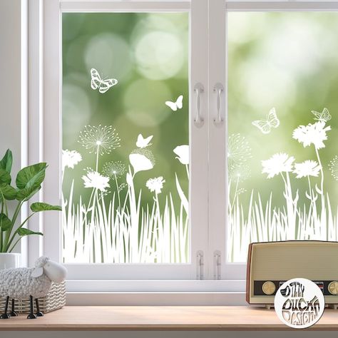 Flowers Border, Spring Window, Frosted Windows, Net Curtains, Wide Windows, Window Privacy, Clear Windows, Window Clings, Kitchen Window