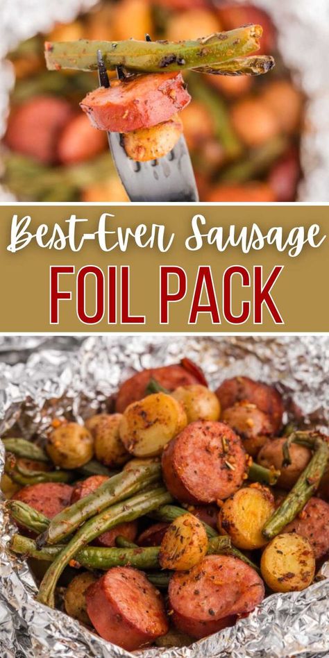 Best Foil Packet Dinners, Sausage Potatoes And Green Beans Foil Packet, Foil Pack Meal Ideas, Sausage Foil Packets For Camping, Sausage Packets For Grill, Sausage Potato Foil Packets Oven, Sausage And Veggie Foil Packs, Easy Grill Foil Packet Meals, Easy Foil Packet Meals Grill