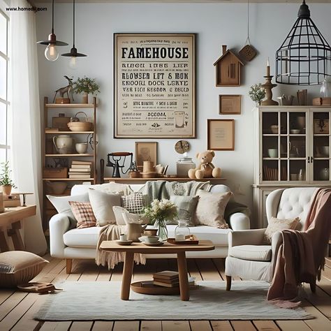 Discover the charm of farmhouse interior design! 🌾🏡 Swipe to see elements of a perfect farmhouse style! 1. A farmhouse-style kitchen 🍽️ 2. A farmhouse-style living room 🛋️ 3. Another farmhouse-style kitchen 🍴 4. Rustic wood furniture adds warmth and character. 🪑 5. White shiplap walls create a bright, airy feel. 🏠 6. Vintage accessories bring a touch of nostalgia. 🕰️ 7. Cosy textiles in neutral colours make it feel lik#designgoals Would you use this style in your home? 😍 #FarmhouseStyle ... Vintage Cottage Living Room, Dreamy Farmhouse, Modern Country Living Room, White Shiplap Walls, Rustic Cottagecore, Future Farmhouse, Interior Farmhouse, Living Room Refresh, Lighting Farmhouse