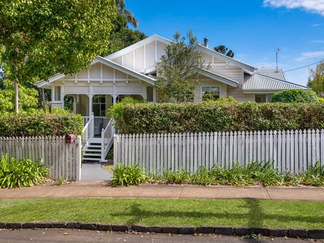 49 Hume Street, North Toowoomba, Qld 4350 - House for Sale - realestate.com.au Queenslander Homes Exterior, Country Farmhouse Exterior, Colorbond Roof, Queenslander House, Weatherboard House, Shale Grey, White Exterior Houses, Roof Paint, Brick Fence