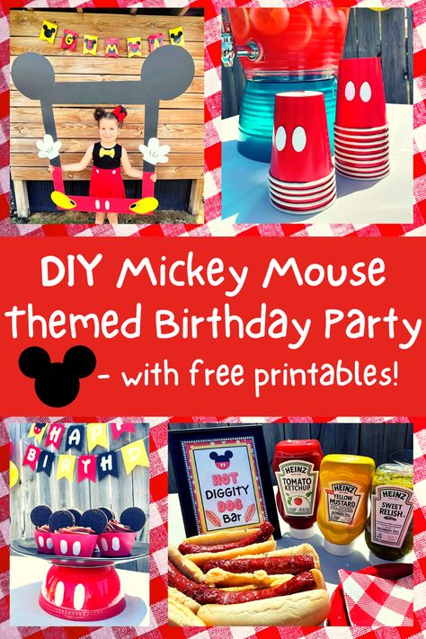 DIY MIckey Mouse Themed decorations for a birthday party along with free printables for signage Mickey Mouse 1st Birthday Food Ideas, Mickey Birthday Activities, 3 Mickey Mouse Birthday, Mickey Donuts Birthday, Mickey Themed Birthday Food, Mickey Themed 1st Birthday, Third Birthday Mickey Mouse, Food Ideas For Mickey Mouse Party, Mickey Mouse Clubhouse Third Birthday