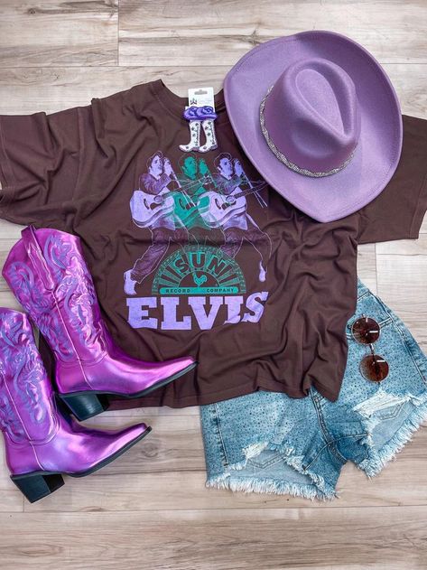 ELVIS SUN RECORDS MERCH TEE Purple Cowboy Boots, Iconic Artists, Sun Records, Stage Presence, Outfits Vestidos, Jailhouse Rock, Heartbreak Hotel, Western Outfit, Rodeo Outfits