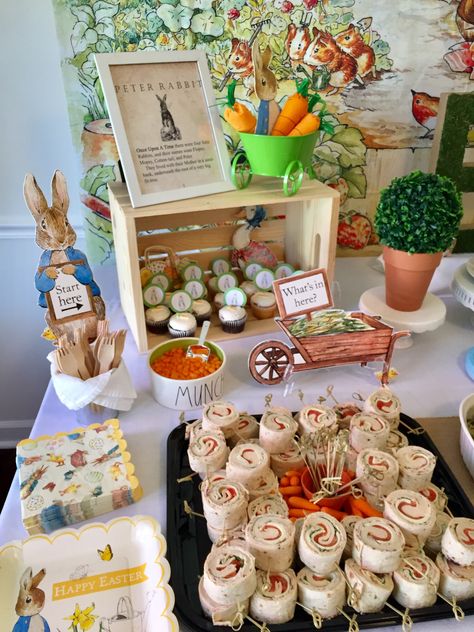 Peter Rabbit Themed Party Food, Peter Rabbit Food Table, Peter Rabbit Grazing Table, Birthday Rabbit Party, Peter Rabbit 2nd Birthday Party, Easter Themed Birthday Party For Boy, 1st Birthday Peter Rabbit, Peter Rabbit Charcuterie Board, Peter Cottontail Birthday Party