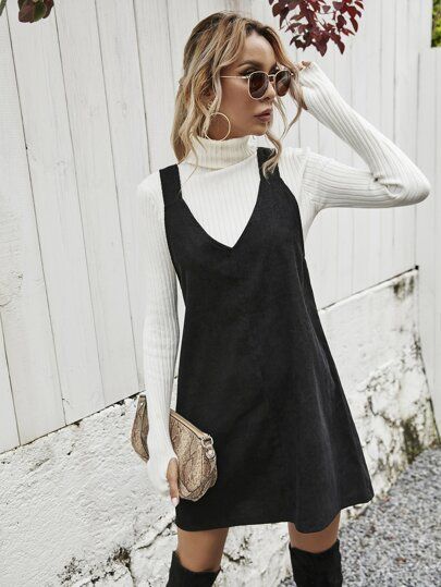 Corduroy Solid Pinafore Dress Without Sweater | SHEIN USA Grunge Outfits Women, Corduroy Overall Dress, Kleidung Diy, Trendy Fall Outfits, Shein Dress, Trendy Fall, Pinafore Dress, 가을 패션, Inspired Outfits