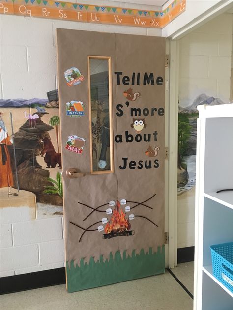 S’mores Classroom Door, Bible School Room Ideas, Christian Fall Classroom Door Ideas, Ranger Station Decor Sunday School, Fall Christian Door Decorations, Fall Sunday School Decorations, Preschool Church Room Ideas, Sunday School Themes Classroom, Kids Sunday School Room Decor