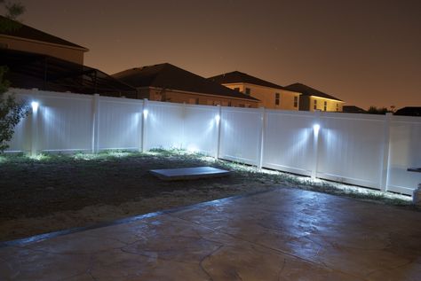 lights for fences | Additional Outdoor Lighting Ideas | i-lighting, LLC Fence With Lights, Backyard Fence Lighting, Patio Lighting Diy, White Vinyl Fence, Outdoor Lighting Design, Landscape Lighting Design, Backyard Fence, White Fence, Patio Fence