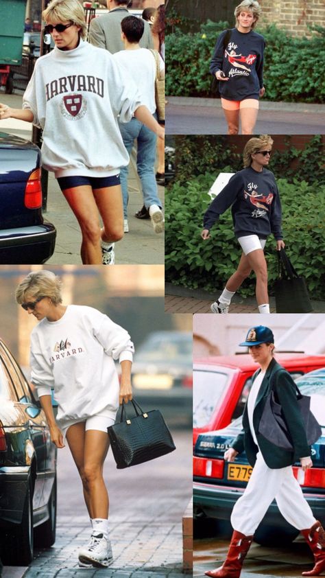 Princess Diana sporty looks 🤍 #princess #princessdiana #diana #style #outfit #aesthetic #fashion #90s #trend Princess Diana Outfit Inspiration, 90s Sporty Outfit, 90s Sporty Fashion, Sporty Aesthetic Outfit, Style Outfit Aesthetic, Diana Style, Outfits Sporty, Princess Diana Fashion, Sporty Aesthetic