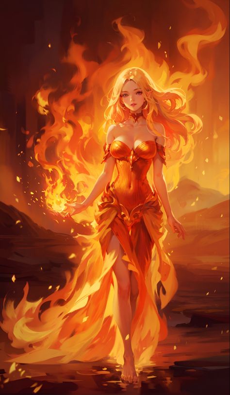 Female Fire Elemental, Full Body Paintings Female Art, Fire Elemental Character Design, Fire Elemental Female, Fire Goddess Art, Fairy Fire, Goddess Of Fire, Fire Elemental, Fire Princess