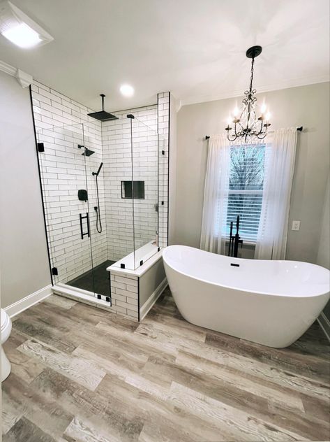 Tub With Chandelier, Shower With Black Fixtures, Tub In Shower Area, Farmhouse Tub, Second Bathroom, Bathroom Upstairs, Black Fixtures, Texas Quilt, Girl Bathroom