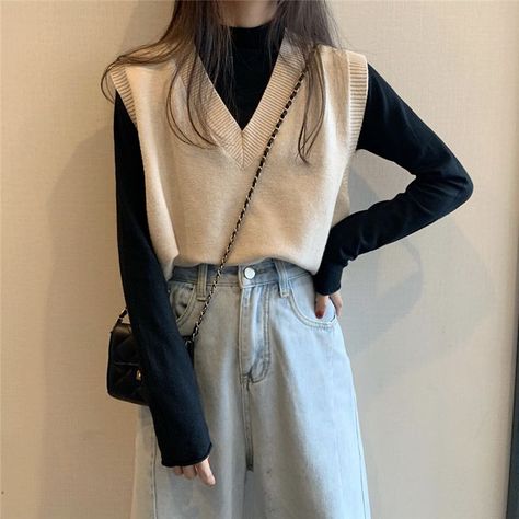 Closette Mock-Neck Long-Sleeve Top / Sleeveless V-Neck Vest | YesStyle 40s Mode, Outfit Ideas Korean, Mode Ulzzang, Mode Kawaii, Dark Academia Fashion, Preppy Fall, Academia Fashion, Style Korea, Mode Kpop