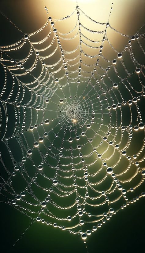 A close-up photography of a spider web with morning dew, each droplet reflecting the early morning light. The intricate patterns of the web are highlighted against a blurred green background, showcasing its delicate structure. Taken on: DSLR camera with macro lens, soft natural light, dewdrop reflections, glibatree prompt, hd quality, natural look --ar 2:3 Natural Pattern Photography, Spider Web Photo, Spider Web Dew Drops, Dew On Spider Web, Nature Photography Macro, Dots In Nature, Natural Structures Photography, Macro Photography Nature Flowers, Nature Pattern Photography