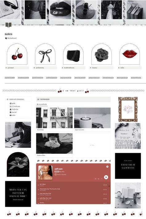 Note Book Aesthetic, Notion Dashboard Ideas, Dark Femme Aesthetic Theme, That Girl Notion Notion Ideas Aesthetic, Note Book Aesthetic, Notion Dashboard Ideas, Student Planner Organization, Carrd Templates, Notion Ideas, Student Dashboard, Etsy Planner, Aesthetic Notion