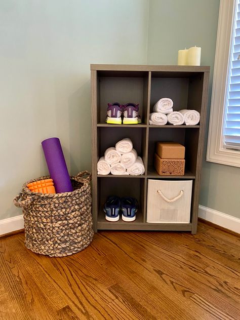 Yoga Office Space Bedroom, At Home Gym Organization, Gym Space In Living Room, Bedroom With Workout Space, Gym Equipment Storage Small Spaces, Corner Gym Ideas, Home Gym Corner Spaces, Small Apartment Workout Space, Home Gym Cupboard