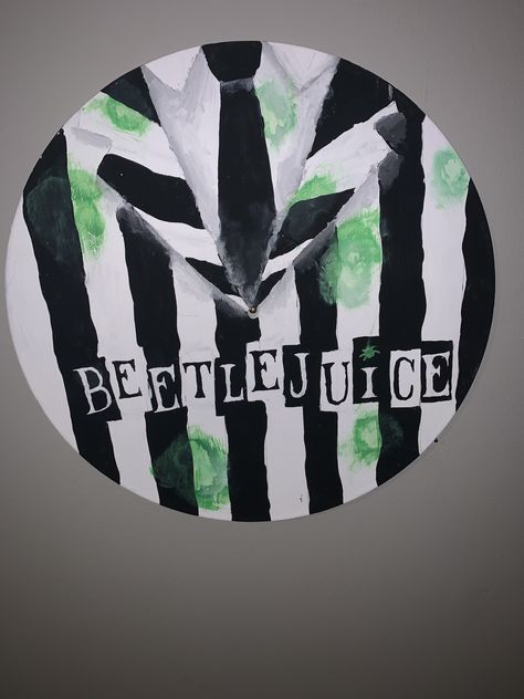 I did a series of records with playbills painted on them this one is beetlejuice Beetle Juice Painting Canvas, Easy Beetlejuice Painting, Beetlejuice Painted Rocks, Beetlejuice Rock Painting, Beetlejuice Art Painting, Halloween Record Painting, Beetlejuice Painting Ideas, Easy Goth Painting Ideas, Broadway Paintings