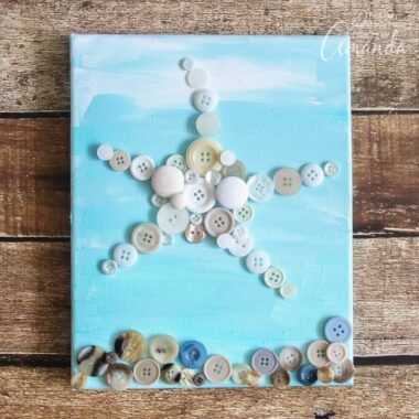 Easy Crafts For Elderly Nursing Homes, June Ideas, Button Art On Canvas, Beach Crafts For Kids, Starfish Craft, Adult Activities, Starfish Wall Art, Button Canvas, August Crafts