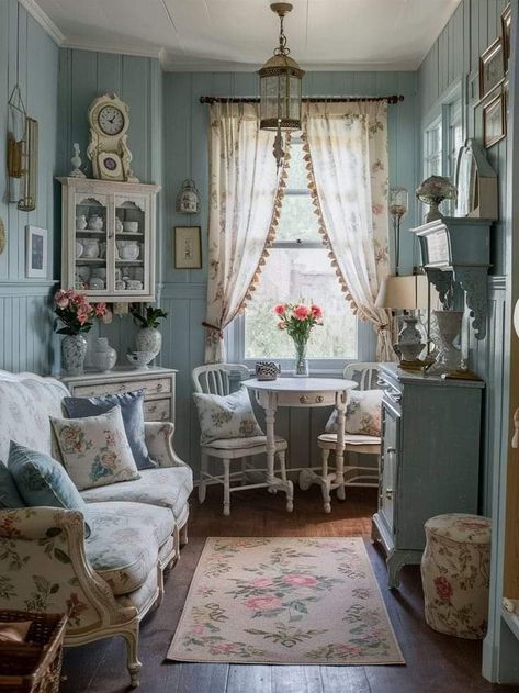 Pastel Cozy Living Room, Cozy Colorful Cottage Interiors, Small Cottagecore Living Room, Calm Blue Living Room, Grandma Style Living Room, Living Room Ideas Cottagecore, Blue Vintage Living Room, Grandma Cottage Core Living Room, Periwinkle Room Ideas