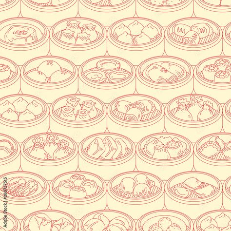 Seamless vector pattern with Asian food Dim Sum. Hand drawn Yang cha illustration. Stock Vector | Adobe Stock Asian Graphic Design Style, Dim Sum Tattoo, Dumpling Embroidery, Heart Dumplings, Dim Sum Drawing, Asian Food Drawing, Dimsum Illustration, Dim Sum Illustration, Food Pattern Illustration