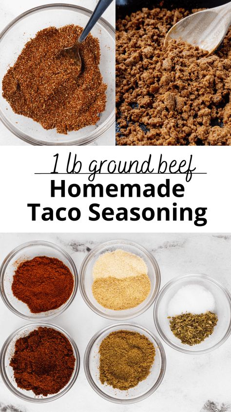 This mix is the perfect homemade taco seasoning recipe for 1lb of meat. If has chili powder, cumin, garlic powder, onion powder, smoked paprika, oregano and salt. Taco Meat Seasoning, Taco Seasoning Easy, Foreign Recipes, Diy Taco Seasoning, Ground Beef Taco Seasoning, Beef Taco Seasoning, Make Taco Seasoning, Pan Dishes, Homemade Taco Seasoning Mix