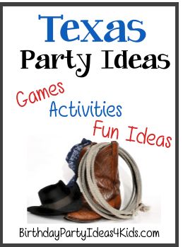 Texas Birthday Party Ideas Texas sized ideas for party games, activities, food, favors and more! https://birthdaypartyideas4kids.com/texas-party.htm #texas #party #ideas #food #favors #games Texas Hoedown Party, Texas Party Games, Texas Theme Party Ideas, Texas Bbq Party Decorations, Texas Western Decor, Texan Party Theme, Moving To Texas Party, Texas Party Ideas, Western Theme Crafts