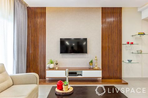 3 bhk house-tv unit design-wooden slats Flat Interior Design, Modern Tv Unit Designs, Tv Unit Furniture Design, Tv Unit Interior Design, Tv Unit Furniture, Living Room Tv Unit, Tv Room Design, Hall Interior, Tv Unit Design