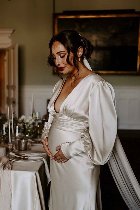 Satin maternity wedding dress for pregnant bride Maternity Courthouse Wedding Dress, Courthouse Pregnant Wedding Dress, Dress For Pregnant Women Wedding, Wedding Dress While Pregnant, Winter Wedding Dress Pregnant, Courthouse Wedding Dress Maternity, White Long Sleeve Maternity Dress, Bride Pregnant Dress, Pregnant Civil Wedding Dress