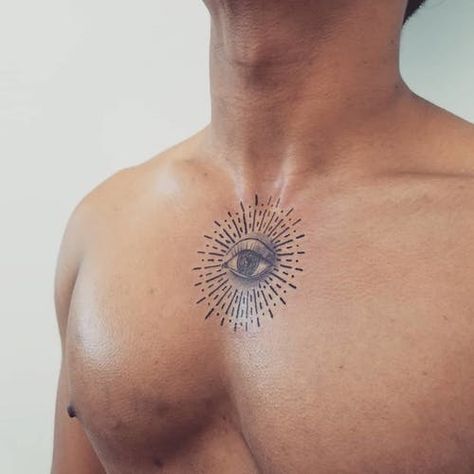 Tattoo In Chest Men, Eye On Chest Tattoo, Chest Middle Tattoo Men, Eye Chest Tattoo For Men, Small Middle Chest Tattoo Men, Tattoo Ideas For Men On Chest, Chest Tattoo Men Design, Circle Chest Tattoo, Small Upper Chest Tattoo