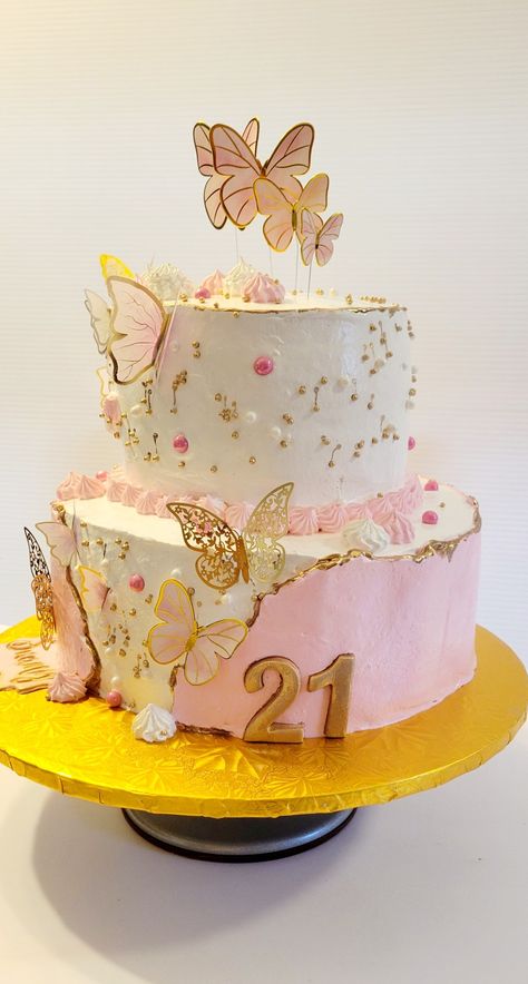 Butterfly Theme Cake 2 Tier, Pink And Gold Butterfly Cake, Cakes 16th Birthday, 16th Birthday Cake For Girls, Butterfly Baby Shower Cake, Butterfly Theme Cake, 16th Birthday Cake, Girl Birthday Cake