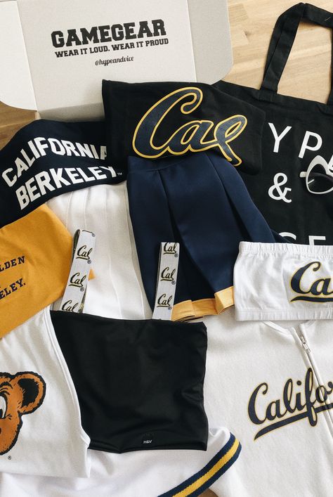 Cal Berkeley's favorite college apparel!! Cute College Apparel, University Of Berkeley, Berkeley California Aesthetic, College Merch Aesthetic, Berkley University Aesthetic, Berkeley University Aesthetic, American College Aesthetic, College Acceptance Aesthetic, College Athlete Aesthetic