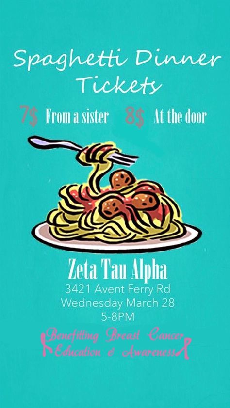 Philanthropy Event Graphic ad Template Zeta Tau Alpha Spaghetti Dinner Sorority Tickets Delta Zeta Philanthropy Events, Philanthropy Events Sorority Fundraising Ideas, Sorority Philanthropy Events, Res Life Programs, Sorority Fundraiser, Sorority Philanthropy, Gamma Sigma Sigma, Philanthropy Events, Sorority Ideas