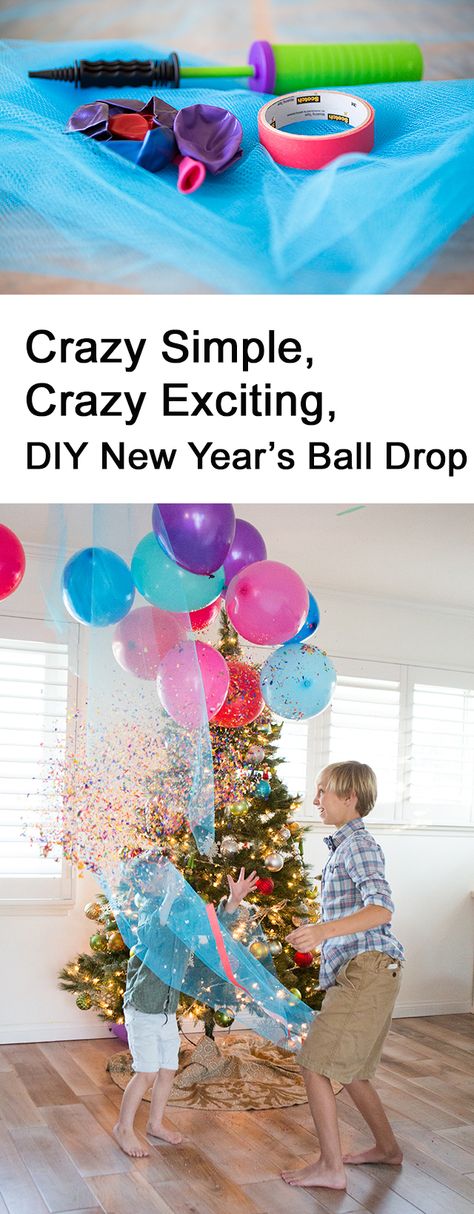 Family New Year's Eve Idea: DIY Balloon Drop - Modern Parents Messy Kids #newyearseve #newyears #newyearsDIY #kidsnewyears #kidsnewyearseve Diy Ball Drop New Years For Kids, Diy Balloon Drop Easy, Diy Balloon Drop, Nye Kids, Silvester Diy, Family New Years Eve, New Year's Eve Crafts, New Year's Eve Activities, Kids New Years Eve