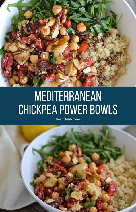 Enjoy a roasted chickpea power bowl packed with protein and perfect for a vegetarian meal. Featuring artichoke hearts, roasted red peppers, sundried tomatoes, olives, and feta cheese, this high protein vegetarian dinner is a delicious Mediterranean bowl that's easy to prepare and full of flavor. High Protein Vegetarian Dinner, Glow Bowls, Mediterranean Diet Recipes Breakfast, Mediterranean Bowl, High Protein Vegetarian, Mediterranean Recipes Healthy, Vegetarian Bowls, Veggie Main Dishes, Mediterranean Chickpea