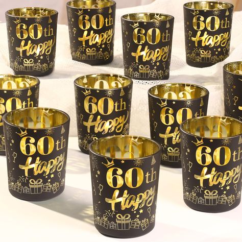 PRICES MAY VARY. 💛🖤 【60th Birthday Candle Holders】: Our votive candle holders are beautifully finished with a 60th Happy print. Incorporate these delicate candle holders into your party decorations and turn 60th birthday party into an unforgettable event. The warm candlelight will create an intimate atmosphere of celebration. 💛🖤 【Party Centerpieces for Tables】: Our frosted 60th Happy candle holders for table centerpiece are great for the 60th birthday party and 60th anniversary party decorat 60 Men Birthday Ideas, 60th Birthday Ideas For Husband Parties, Male 60th Birthday Party Ideas For Men, Man 60th Birthday Party Ideas, 60 Birthday Party Ideas For Men, Black And Gold 60th Birthday Party Decor, 60th Birthday Party Centerpieces, 60th Birthday Centerpieces For Men, 60th Bday Party Ideas Dad