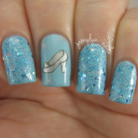 Blue Shimmer Cinderella Inspired Nails. Cinderella Nails, Disney Princess Nails, Disneyland Nails, Disney Nail Designs, Disney Inspired Nails, Nail Art Disney, Nail Polish Art, Nails Prom, Nails For Kids