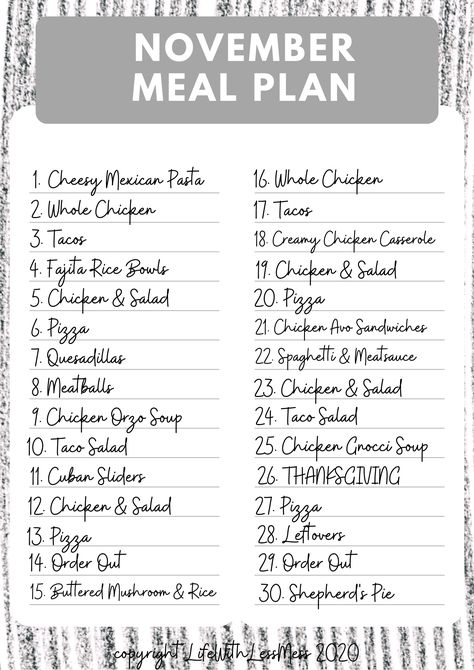 Simple Dinner List, Meal Prep Menu Template, Sample Weekly Meal Plan Families, March Meal Plan 2024, November Monthly Meal Plan, Sample Meal Plan For Family, Meal Planning Guide, Meals In Minutes, November Meal Plan Calendar