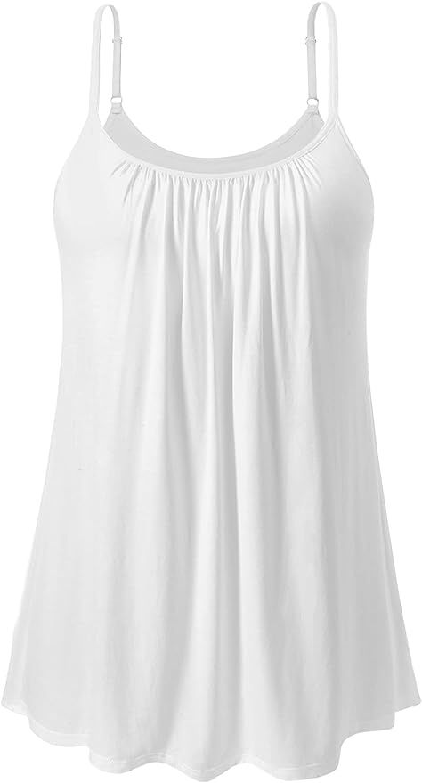 Air Curvey Camisole for Women Bulid in Bra Casual Flowy Cami Adjustable Spaghetti Strap Tank Top Pleated Loose Fit White L at Amazon Women’s Clothing store White Flowy Top, Outing Outfit, Vest Tops Women, Strap Tank Top, Womens Camisoles, Casual Tanks, Spaghetti Strap Tank Top, Loose Fitting Tops, Tank Top Camisole