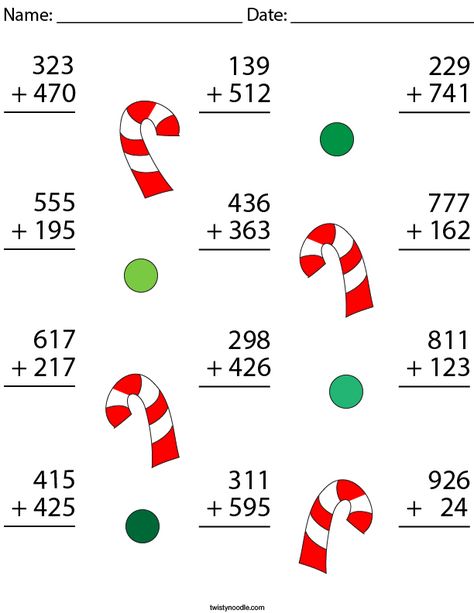 3 Digit Candy Cane Addition Math Worksheet - Twisty Noodle Second Grade Math Worksheets, Candy Math, Holiday Math Worksheets, Christmas Math Worksheets, Beginning Math, Math Addition Worksheets, Free Printable Math Worksheets, Math Pages, 3rd Grade Math Worksheets