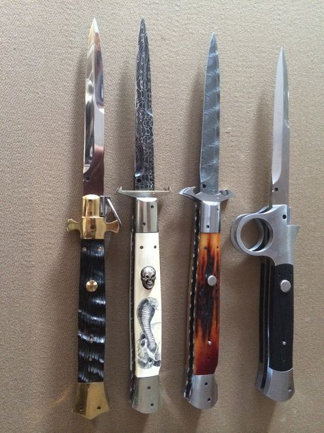 switchblades Stiletto Knife, Switchblade Knife, Nunchucks, The Kraken, Pretty Knives, Butterfly Knife, Automatic Knives, Types Of Knives, Knife Collection