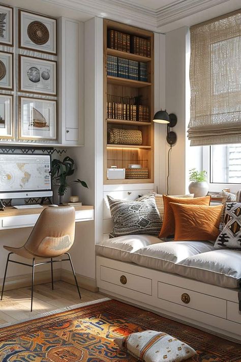 Reading Corner In Home Office, Great Room Office Combo, Cozy Concrete Floors, Small Bedroom Into Office, Small Guest Bedroom/office, Guest Office Bedroom Ideas, Small Office And Guest Room Combo, Study Guest Room Combo, Home Office Guest Room