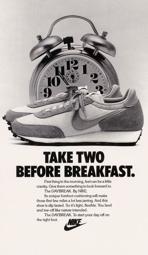 Nike Daybreak advertisement (1980) : Nike Inc. : Free Download, Borrow, and Streaming : Internet Archive Copywriting Ads, Nike Poster, Nike Daybreak, Nike Ad, Shoe Poster, Sneaker Posters, Shoes Ads, Vintage Sneakers, Best Ads