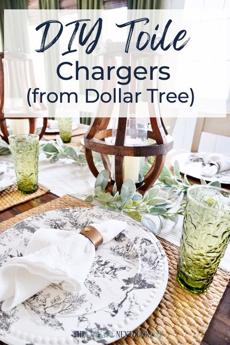 DIY Toile Chargers from Dollar Tree - The Latina Next Door Make A Tablecloth, Charger Plates Diy, Dollar Tree Plates, Charger Ideas, Dollar Store Christmas Decorations, Diy Chargers, Diy Napkins, Cottage Market, Plates Diy