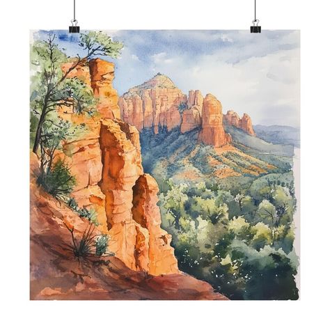 Sedona Art Print, Arizona Landscape Art, Western US Watercolor Painting, Desert Red Rock Buttes, State Park, Travel Poster, Travel Gifts Sedona Art, Arizona Landscape, Poster Travel, Red Rock, Sedona, Travel Poster, Travel Gifts, State Park, Travel Art