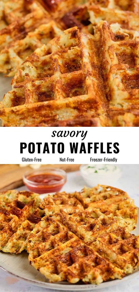 Waffles Savory, Mashed Potato Waffles, Brunch For A Crowd, Potato Waffle Recipe, Savory Waffle Recipe, Vegan Cheddar Cheese, Crowded Kitchen, Waffle Iron Recipes, Cheese Waffles