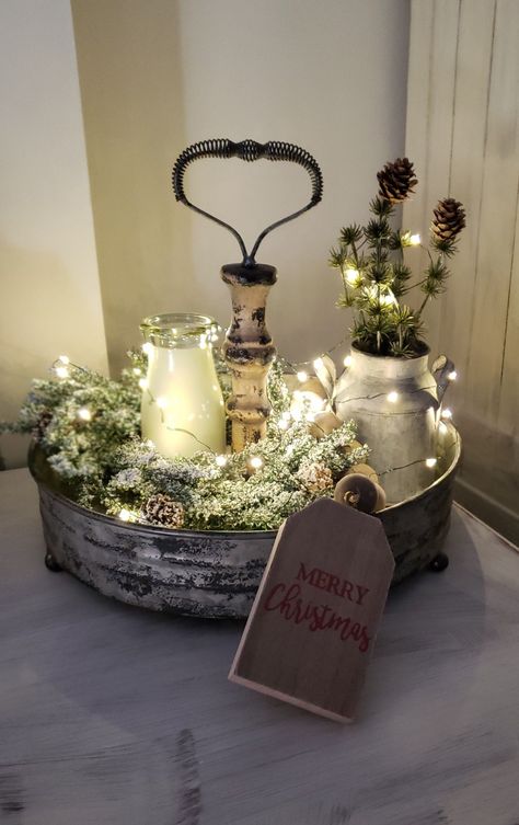 Galvanized Tray Decor, White Christmas Party, Galvanized Tray, Cute Farmhouse, Red White Christmas, Tray Display, Metal Tray, Science Experiment, Metal Trays