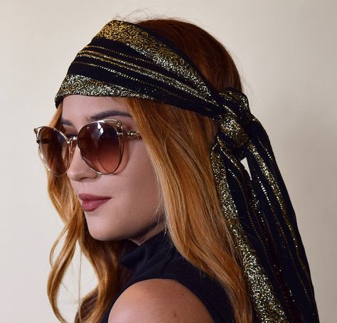 1970s authentic vintage RARE disco black gold metallic lurex headscarf/headband / scarf 70s Black Hairstyles, 70s Disco Hairstyles, Headband 70s, Hairstyles With Scarves, Disco Hair And Makeup, 70s Disco Hair, 70s Headband, 70s Head Scarf, Head Scarf Outfit