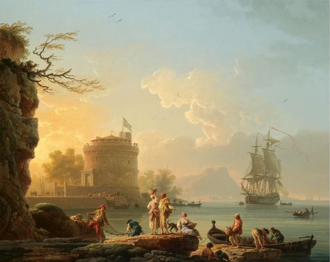 Claude-Joseph Vernet - private collection. A Meditarranean Harbor Scene at Sunset with Fishermen Unloading Their Catch Before a Round Fortress, a Man-of-War at Anchor Beyond (1776) Claude Joseph Vernet, Historical Painting, Rural Scenes, Coastal Landscape, A4 Poster, Vintage Artwork, Street Scenes, Fishing Boats, Classic Art