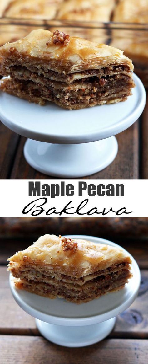 Maple Pecan Baklava - crisp phyllo dough layers with toasted pecans soaked in aromatic maple syrup. This baklava version is refined sugar-free. Pecan Baklava, Baklava Recept, Phyllo Dough Recipes, Phyllo Recipes, Maple Recipes, Maple Syrup Recipes, Baklava Recipe, Greek Desserts, Maple Pecan