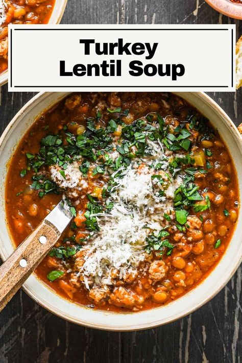 This Turkey Lentil Soup is a super easy and delicious dinner with tender vegetables, melt in your mouth lentils, and juicy ground turkey. Made all in one pot, it’s a perfect easy weeknight meal. Ground Turkey Soups And Stews, Ground Turkey Lentil Soup, Ground Turkey And Lentils Recipes, Turkey And Lentil Soup, Ground Turkey Soup Recipes, Soup With Ground Turkey, Turkey Soup Crockpot, Turkey Lentil Soup, Turkey Lentil