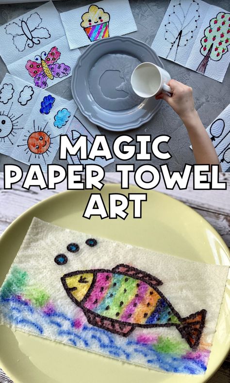 Magic Appearing Pictures Paper Towel Art Experiment  - In The Playroom Paper Towel Science Experiment, Magic Crafts For Kids Art Projects, Magic Paper Towel Art, Magic Crafts For Kids, Magic Activities, Dinosaur Movies For Kids, Paper Towel Art, Activies For Kids, Magical Crafts